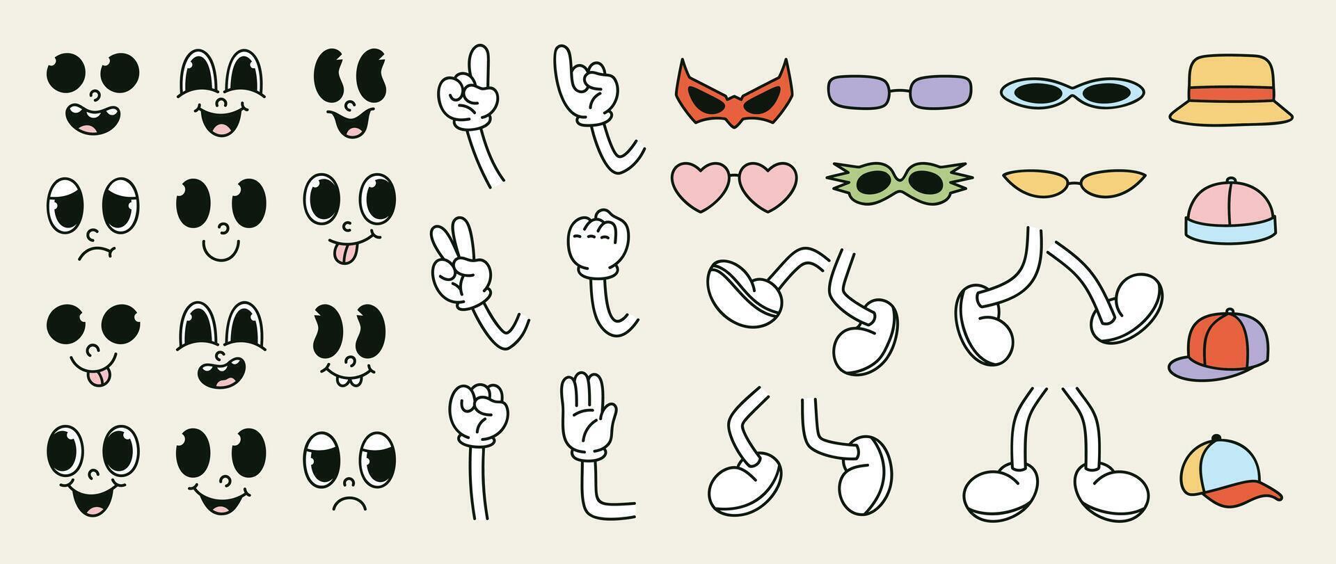 Set of 70s groovy comic . Collection of cartoon character faces in different emotions, hand, glove, glasses, hat, shoes. Cute retro groovy hippie illustration for decorative, sticker. vector