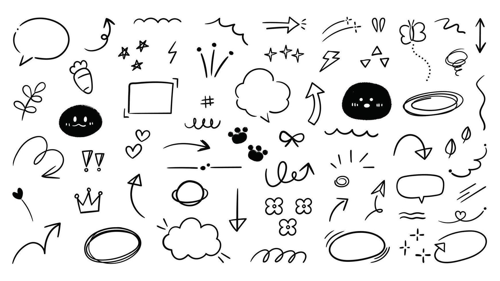 Set of cute pen line doodle element . Hand drawn doodle style collection of scribble, speech bubble, arrow, paw, carrot, flower, heart. Design for print, cartoon, card, decoration, sticker. vector