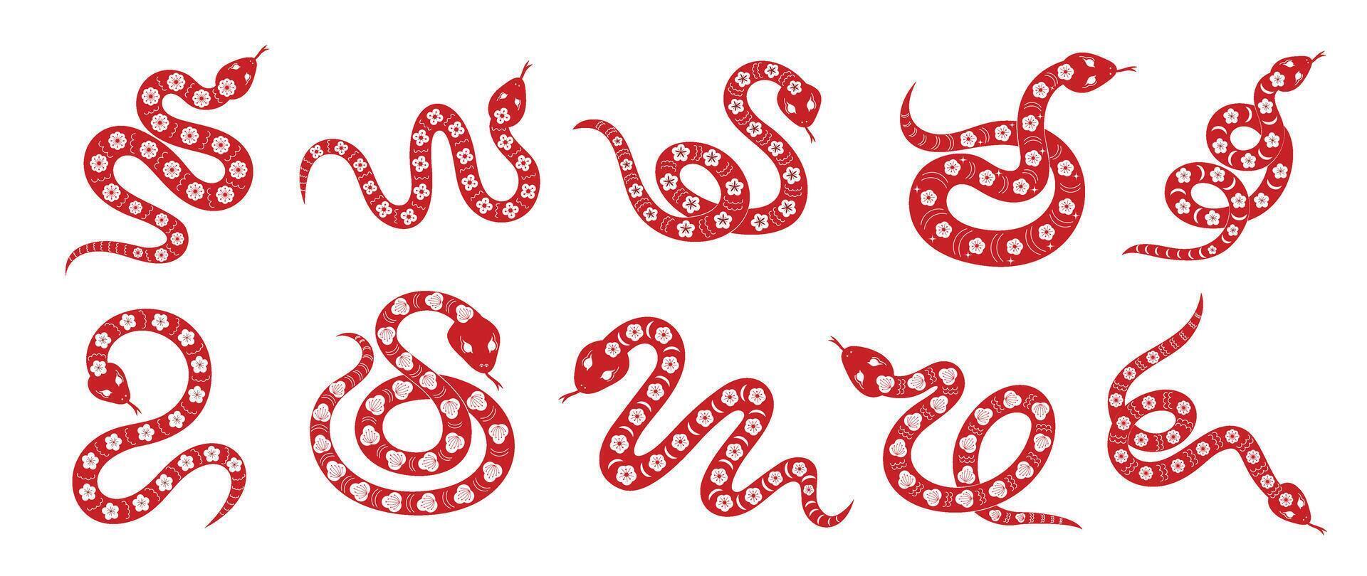 chino nuevo año serpiente diseño colocar. elemento zodíaco firmar año de el serpiente con Cereza florecer flor modelo en serpiente rojo color. ilustración diseño de fondo, tarjeta, pegatina, calendario. vector