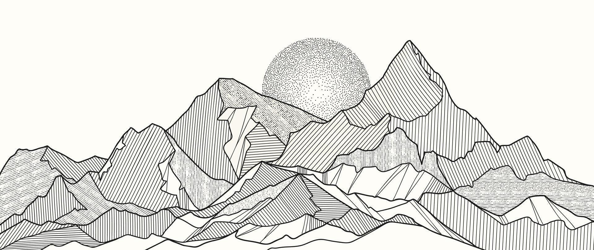 montaña mano dibujado antecedentes . mínimo paisaje Arte con línea Arte y Luna Mancha textura. resumen Arte fondo de pantalla ilustración para huellas dactilares, decoración, interior decoración, pared letras, lona huellas dactilares. vector