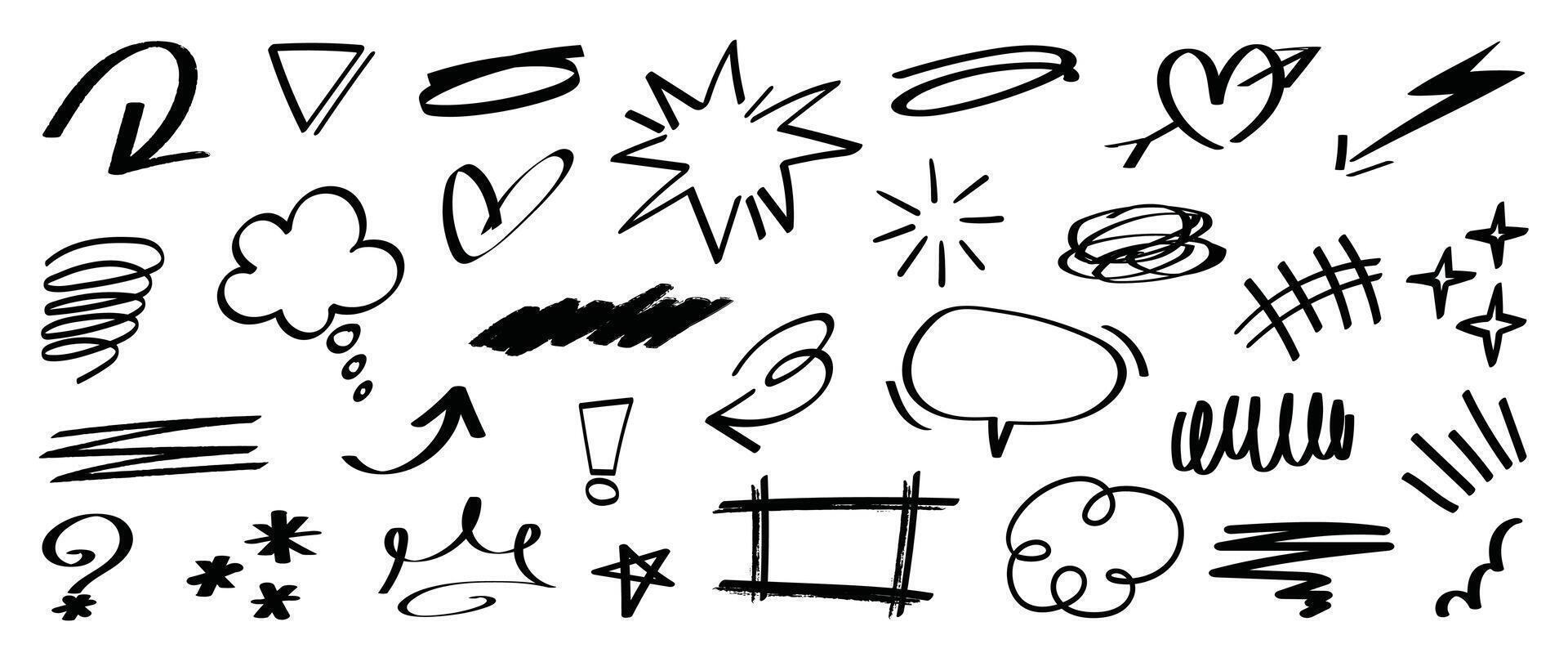 Set of cute pen line doodle element . Hand drawn doodle style collection of heart, arrows, scribble, speech bubble, sparkle. Design for print, cartoon, card, decoration, sticker. vector