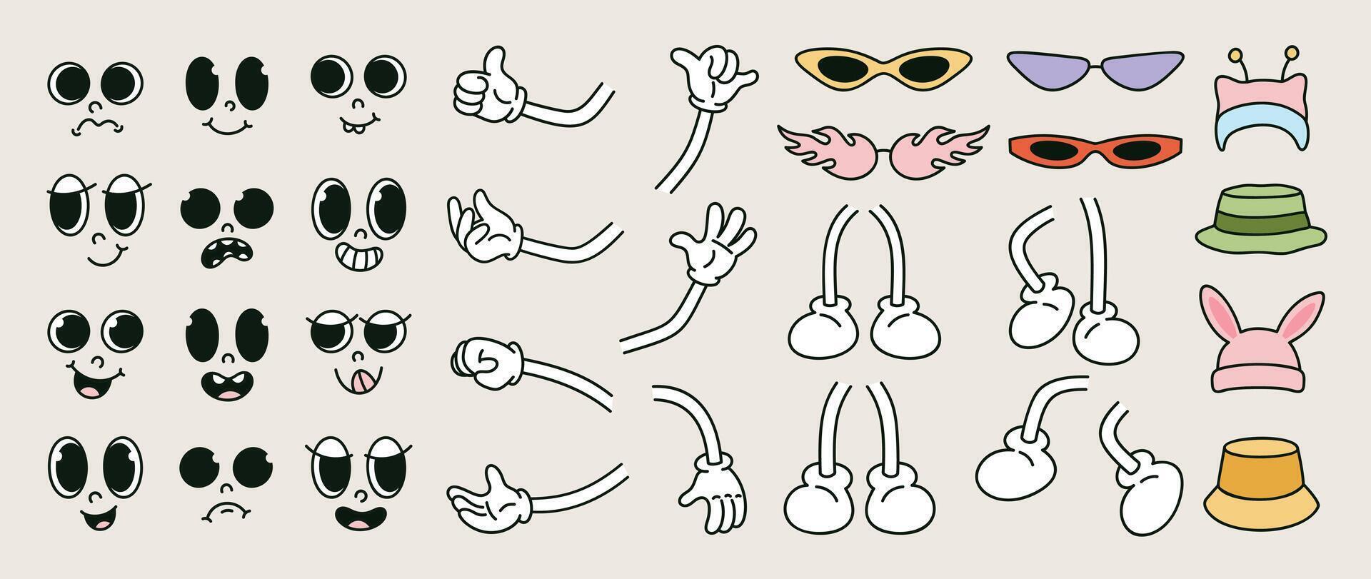 Set of 70s groovy comic . Collection of cartoon character faces in different emotions, hand, glove, glasses, hat, shoes. Cute retro groovy hippie illustration for decorative, sticker. vector