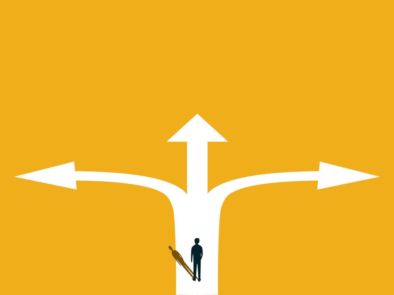 businessman walks at a crossroads with the road dividing into three directions like an arrow vector