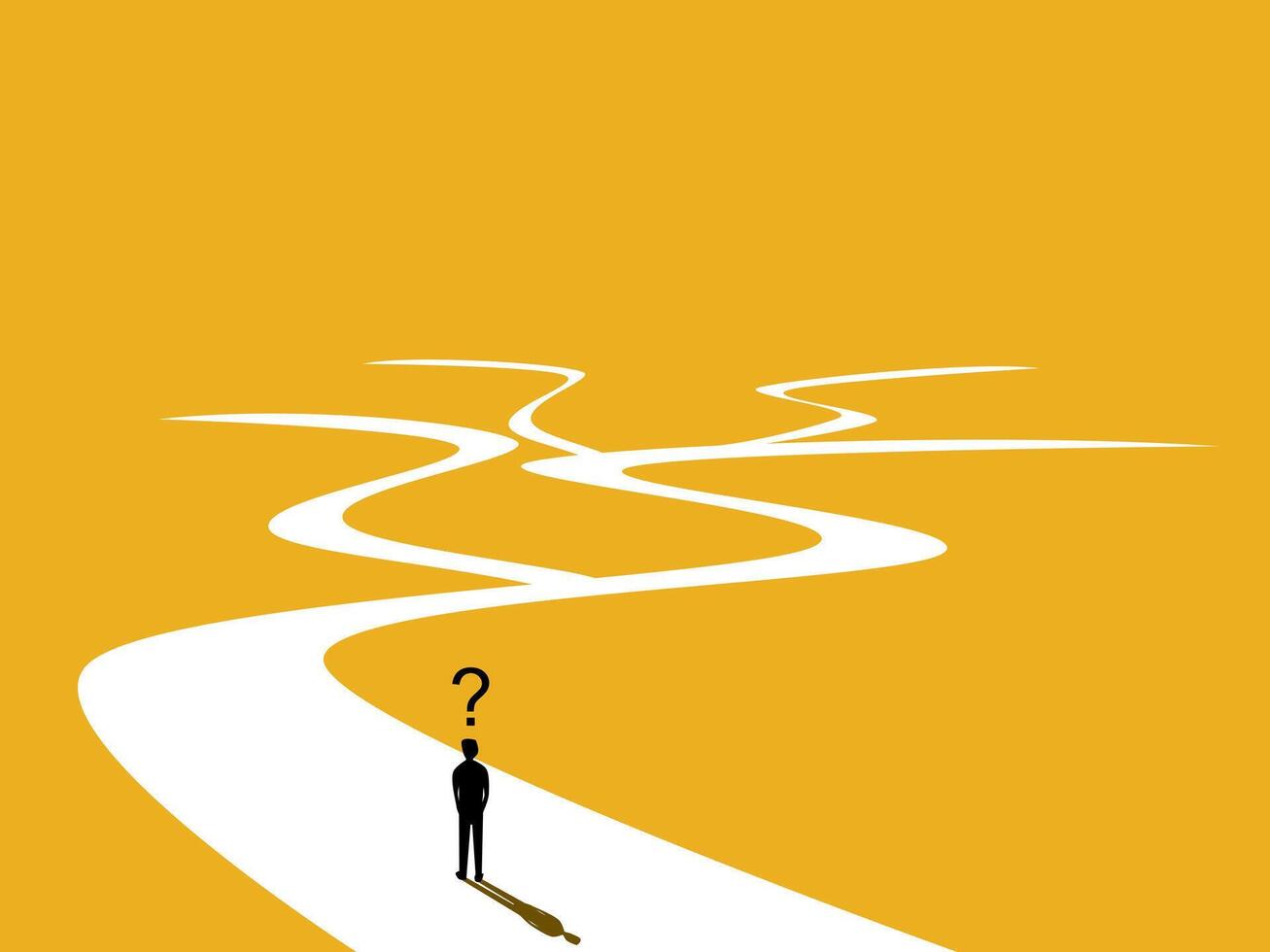 Business decisions. Businessman with question mark confused many roads vector