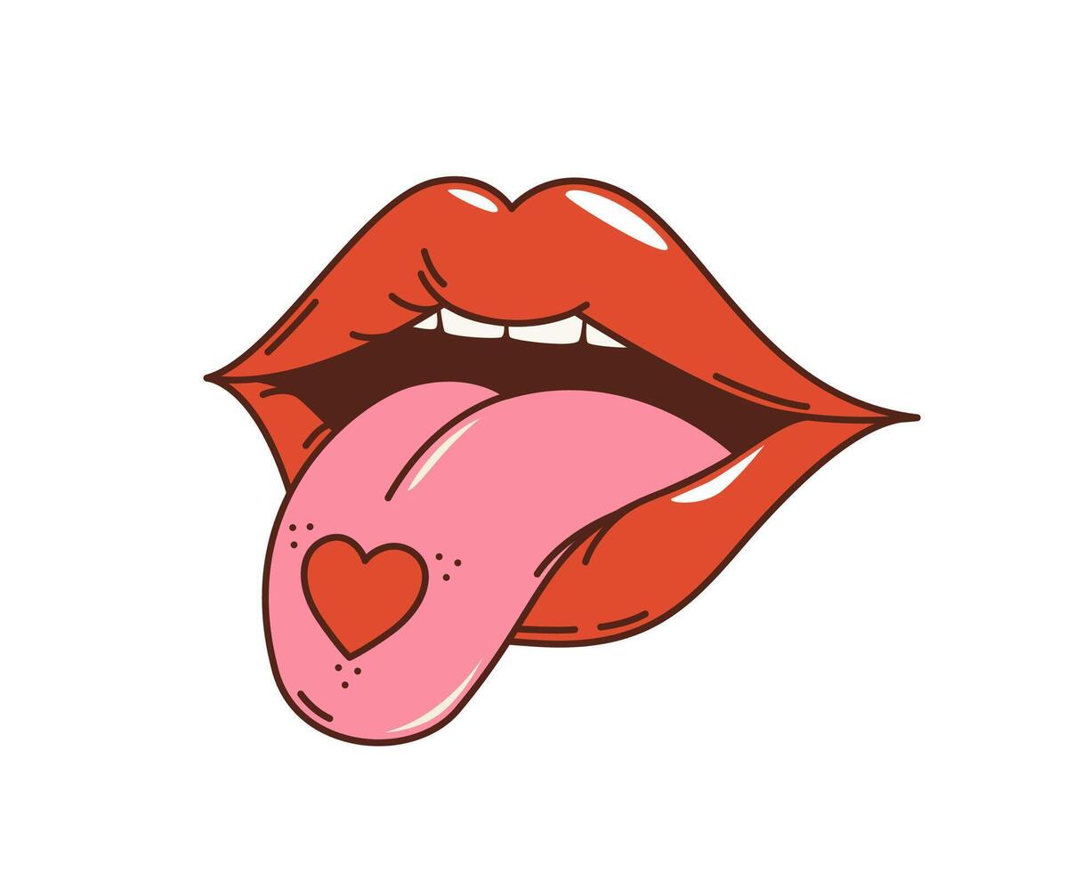 Cartoon retro groovy hippie love lips with tongue vector