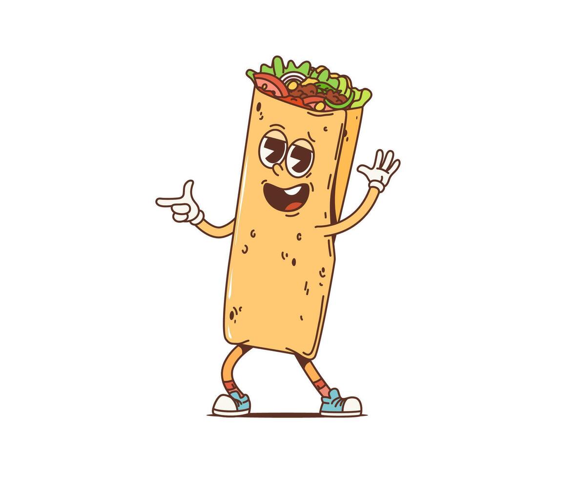 Cartoon Mexican burrito groovy character dance vector