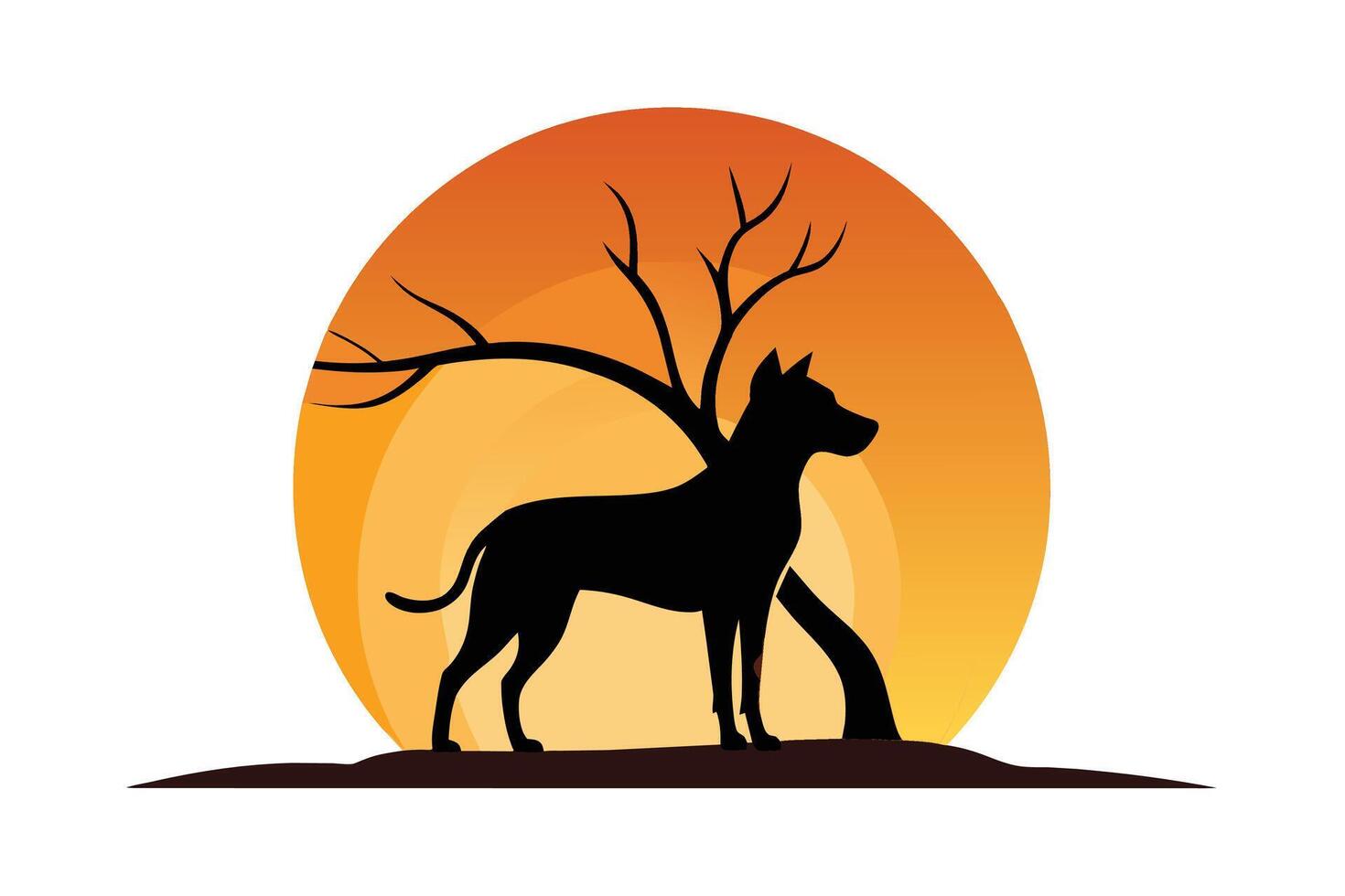 perro silueta en puesta de sol rama ilustración vector