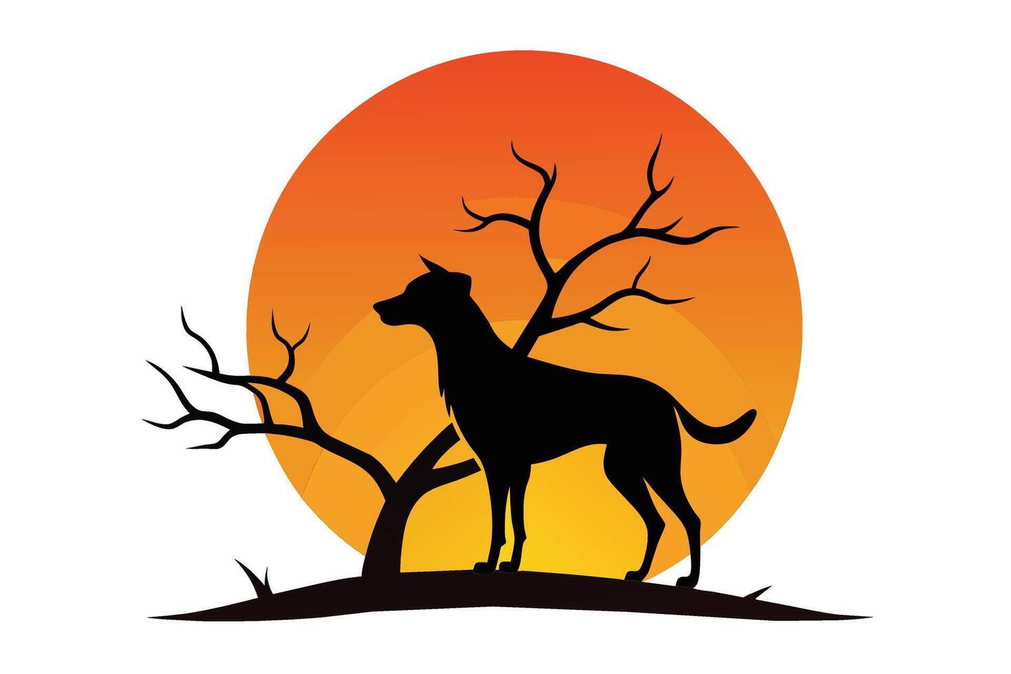 perro silueta en puesta de sol rama ilustración vector