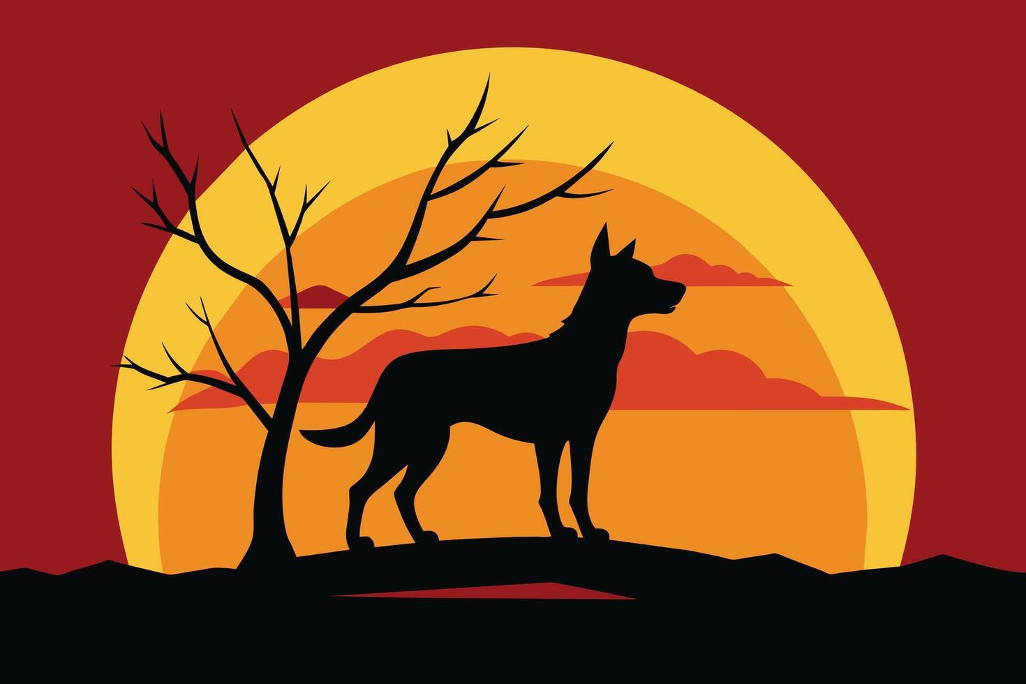 dog Silhouette on Sunset Branch Illustration vector