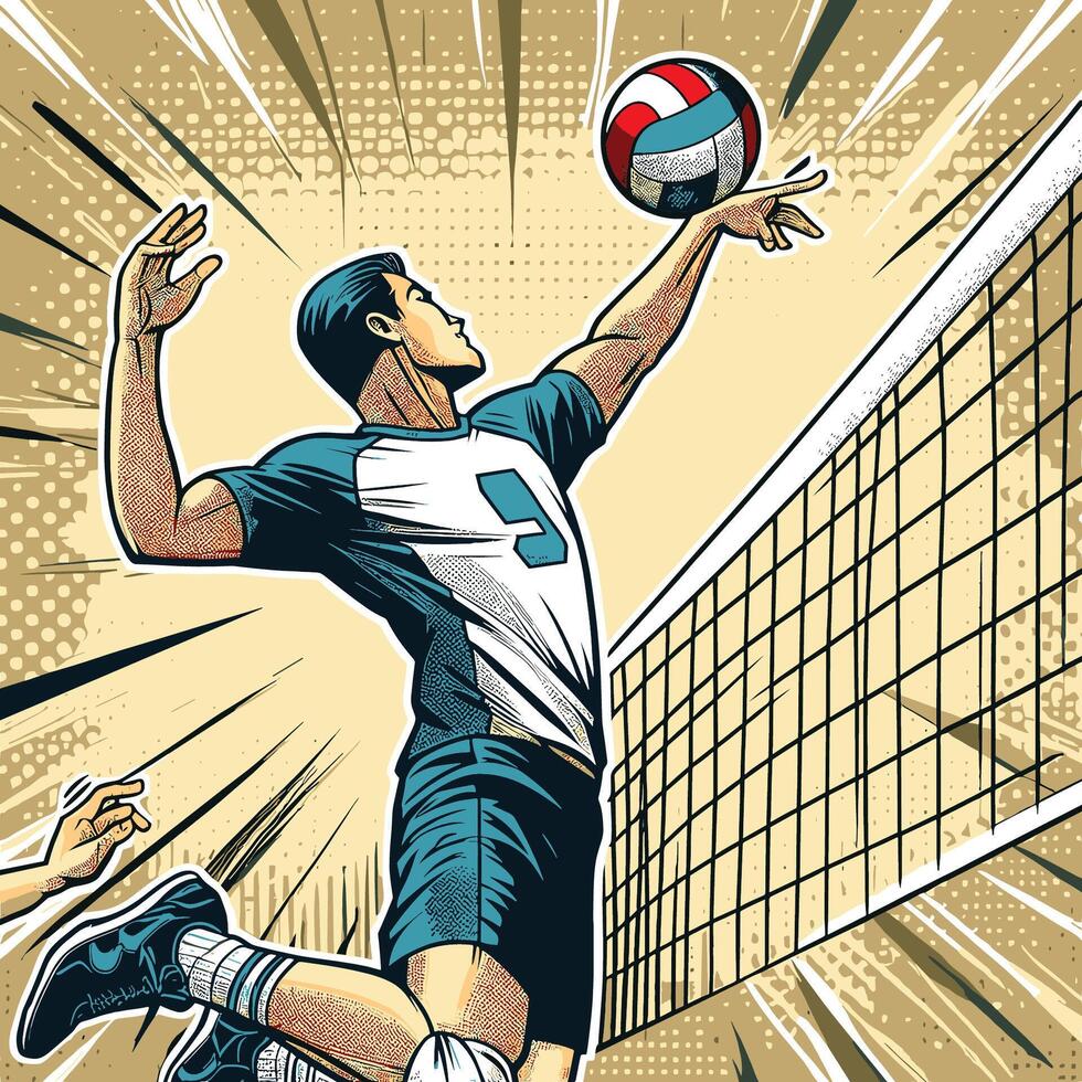 A Player Jump to Shoot a Beach Volleyball Infront of The Net Vintage Engraved Style vector