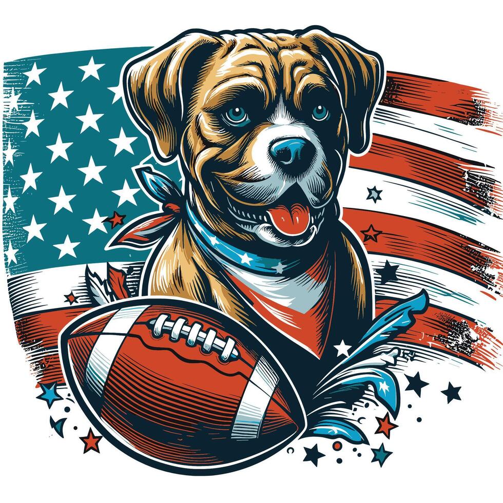 un perro con americano bandera y un fútbol americano Clásico grabado estilo vector