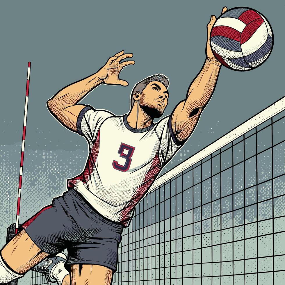 un jugador saltar a disparar un playa vóleibol Al frente de un red Clásico grabado estilo vector