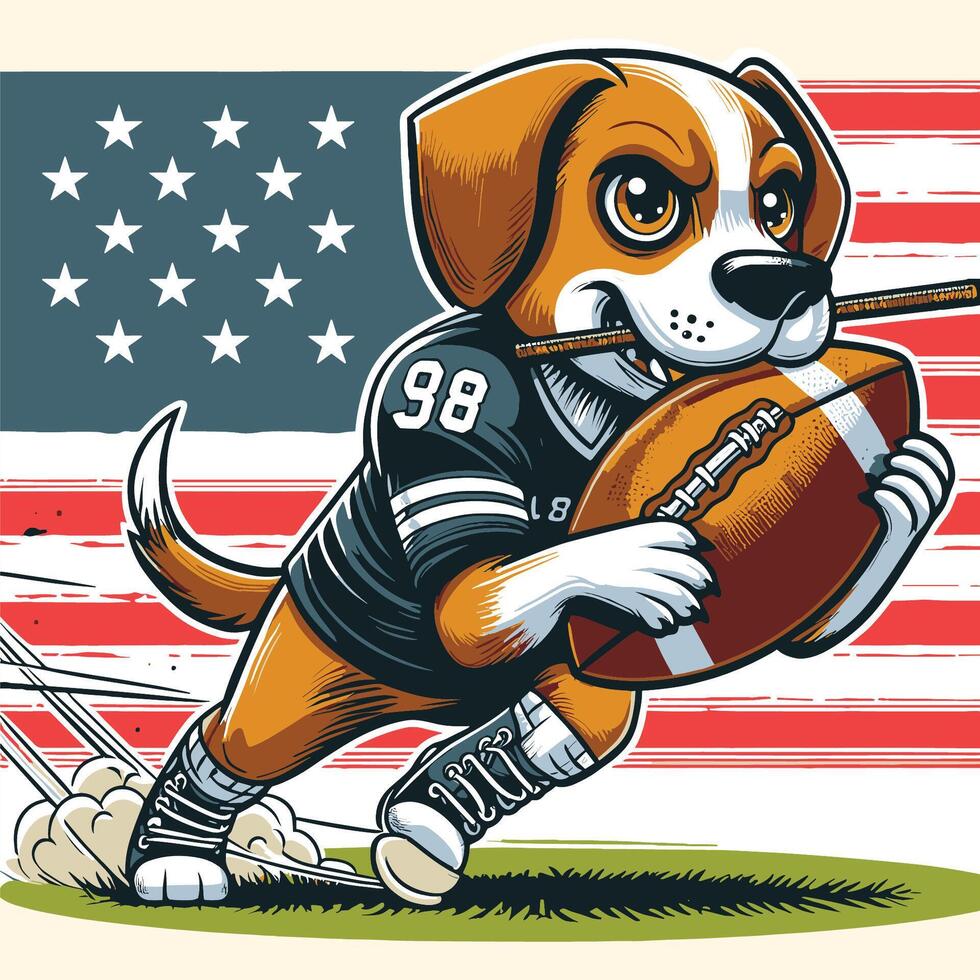 un perro personaje corriendo con americano fútbol americano con bandera grabado estilo vector