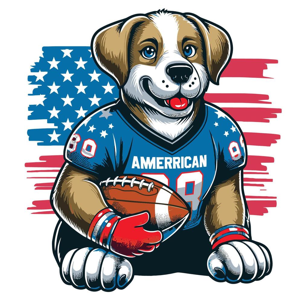 un linda perro con americano bandera y fútbol americano cómic estilo vector