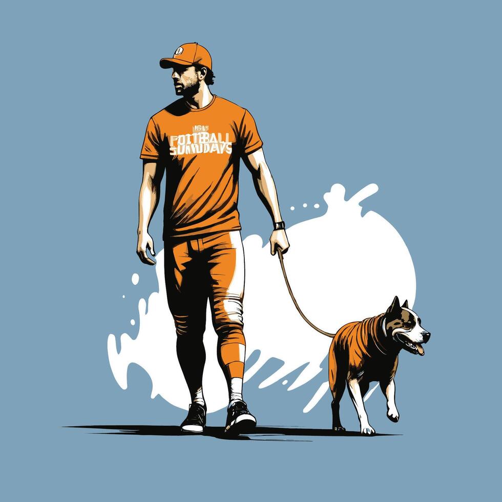 un hombre caminando con un perro participación en mano Clásico estilo vector
