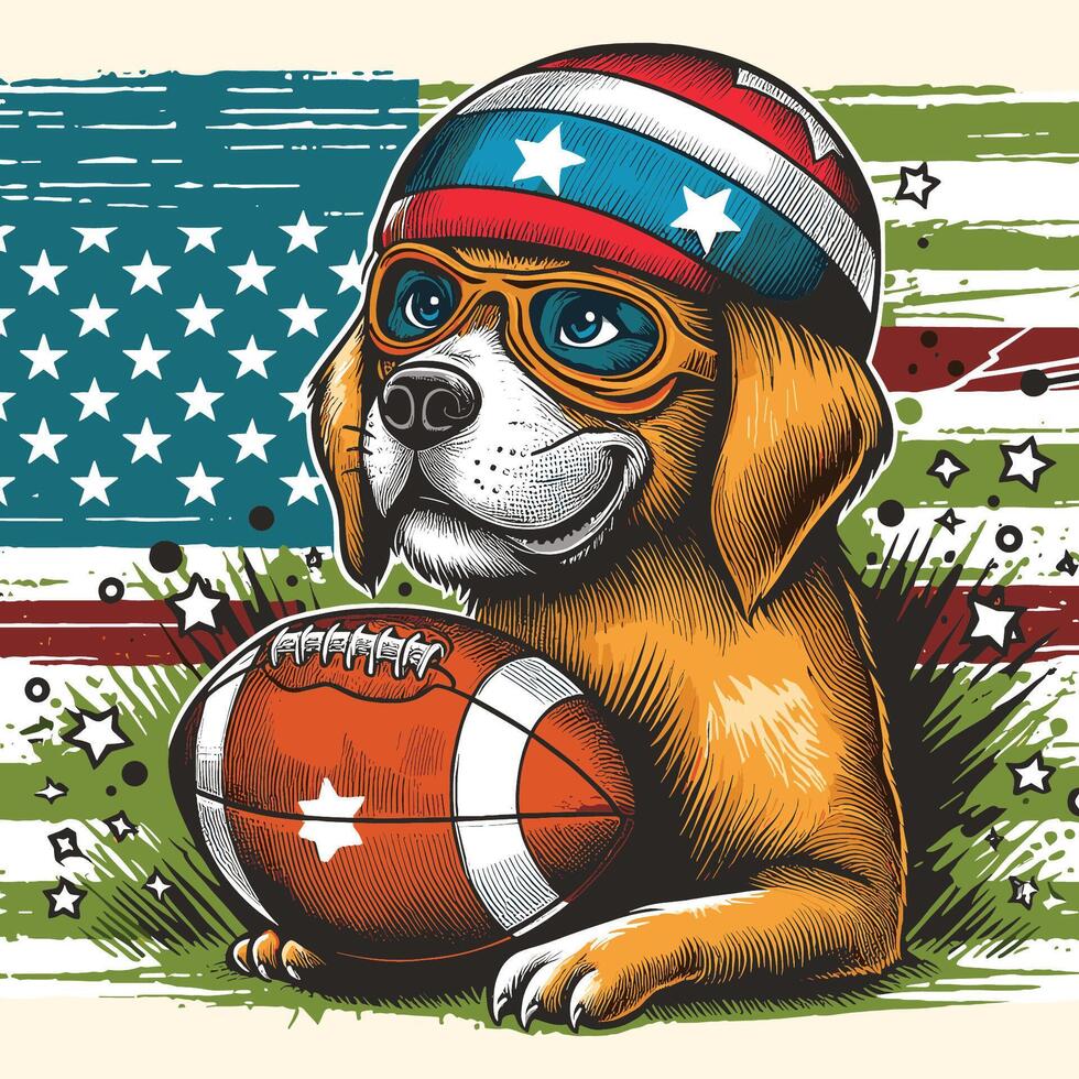 A Cute Dog Sitting and Holding an American Football Engraved Style vector