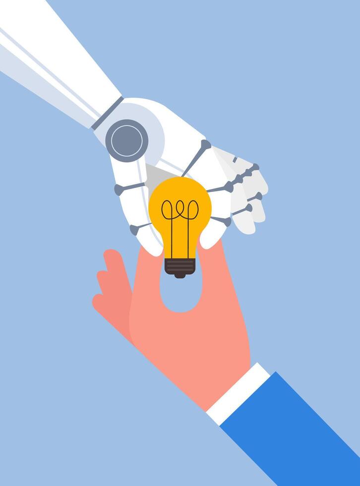 Concept of artificial intelligence assistant, AI robot hands and Human hands holding light bulb, Machine Learning Help humans think of ideas, vector