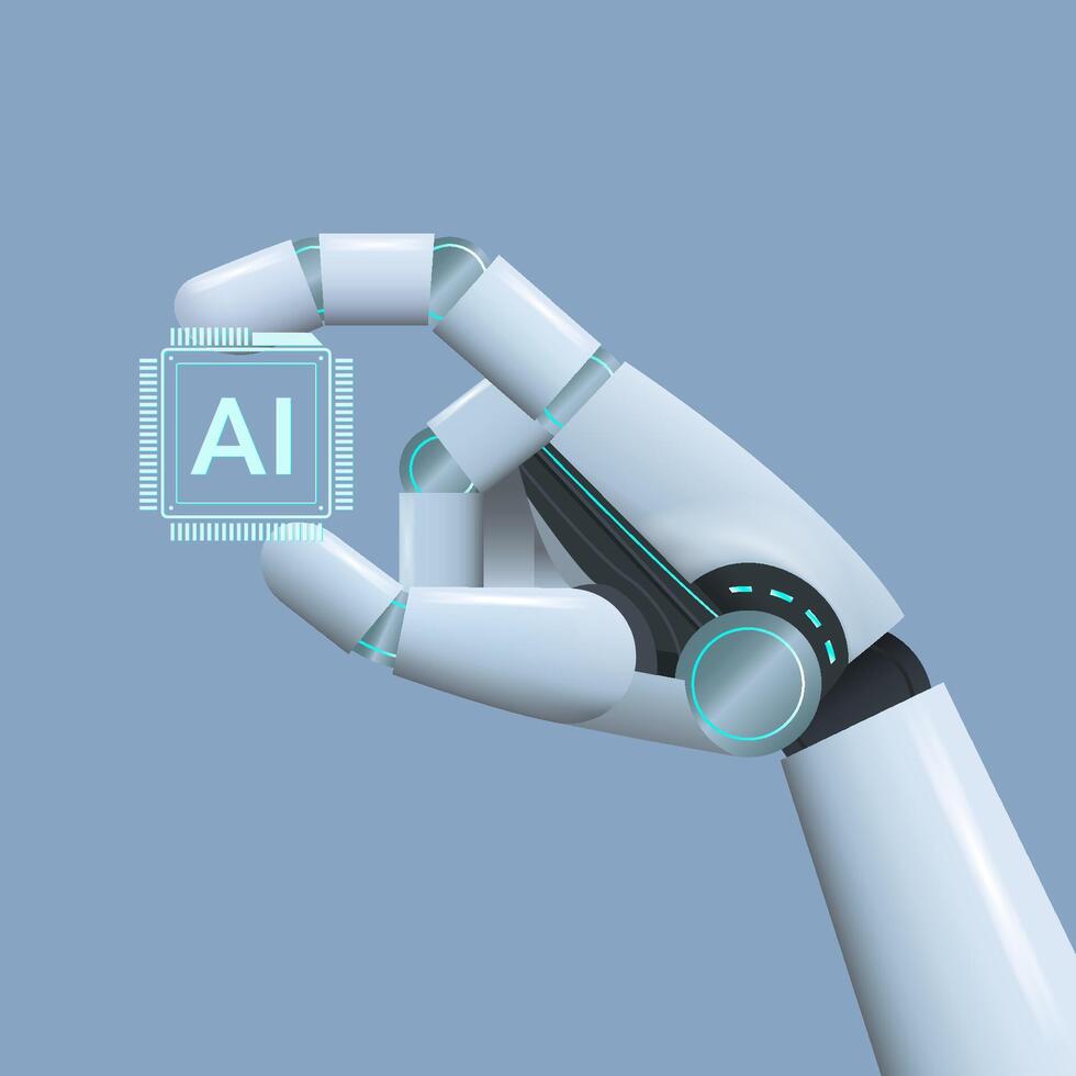 AI humanoid hand holding AI Logo on microchip, Concept of artificial intelligence, Future cybernetic technology concept, illustration vector