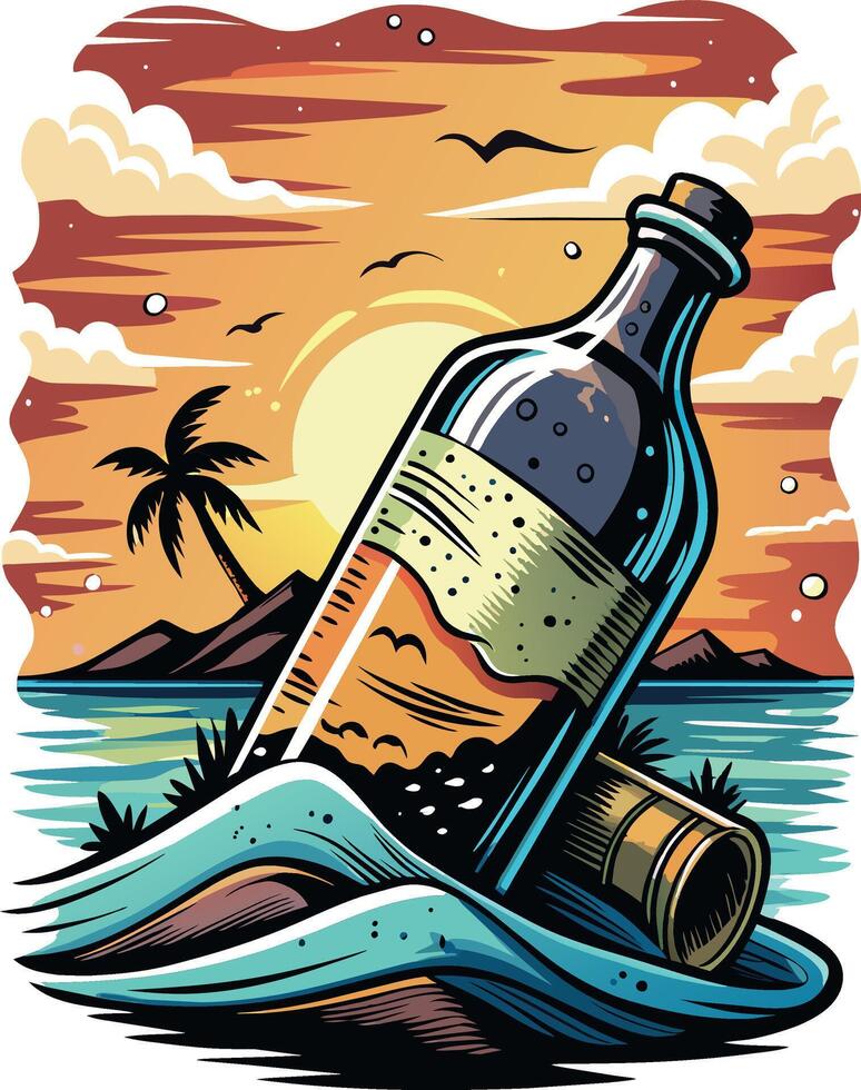 Bottle of rum on the seashore. illustration. vector