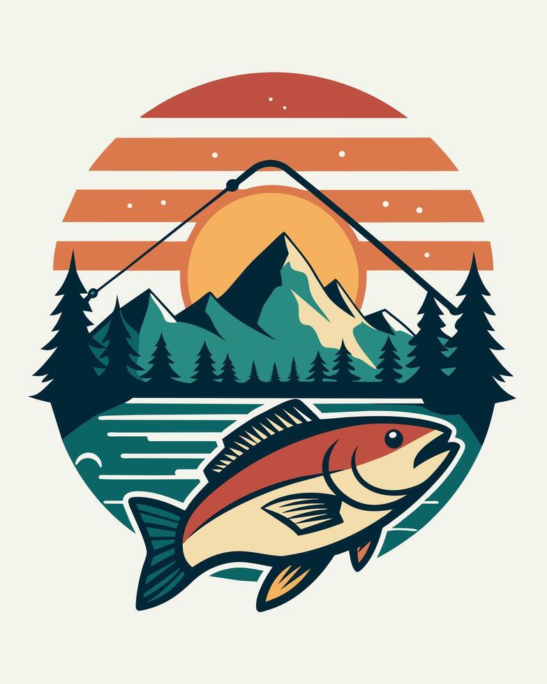 Illustration of a salmon on a background of mountains and the sun vector