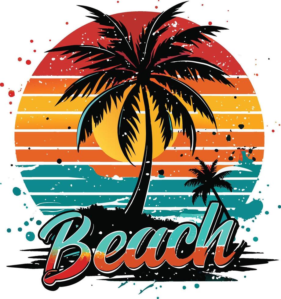 Beach design with palm trees and sun on the background, illustration vector