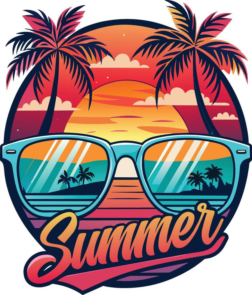 Summer label with palm trees, sun and sunglasses. illustration. vector