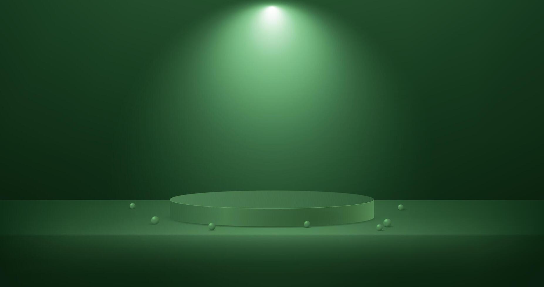 Dark green studio room background. Green cylinder pedestal podium. Abstract studio room platform design. Empty room with natural light effect. stand for products. vector