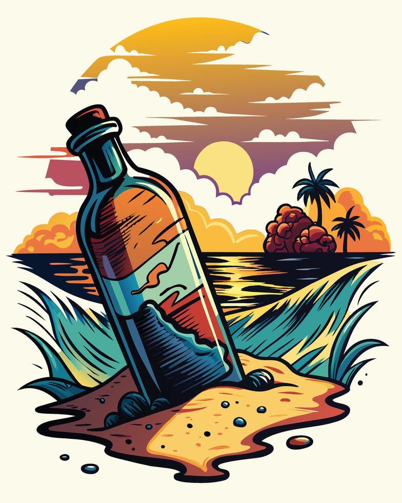 vino botella en el playa, ilustración en retro estilo vector