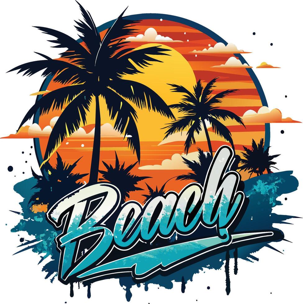 Palm tree, sun and lettering on grunge background. illustration. vector