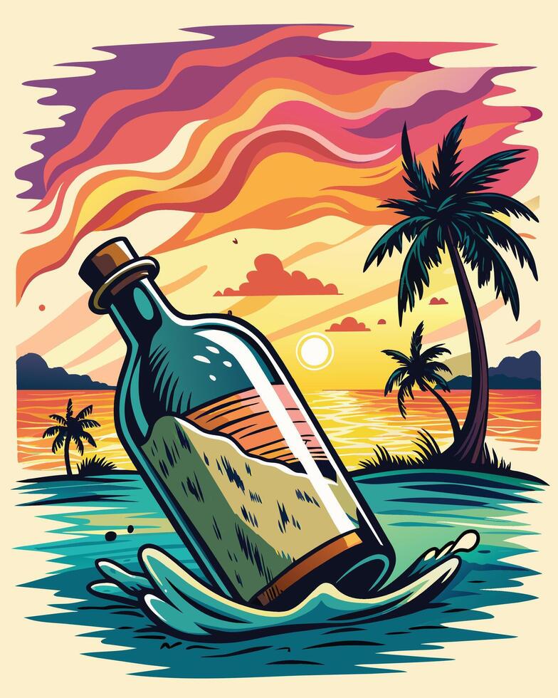 vino botella en el playa, ilustración en retro estilo. t camisa diseño vector