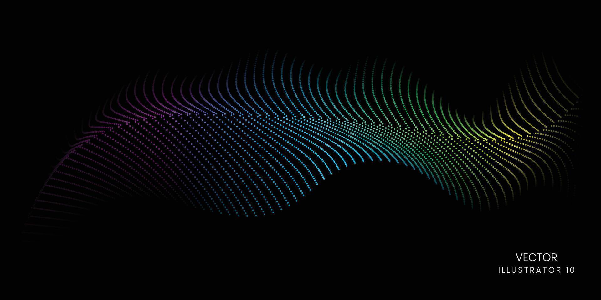 Flowing dot particles wave pattern blue and green gradient light isolated on a black background, concept of AI technology, science, and music. vector