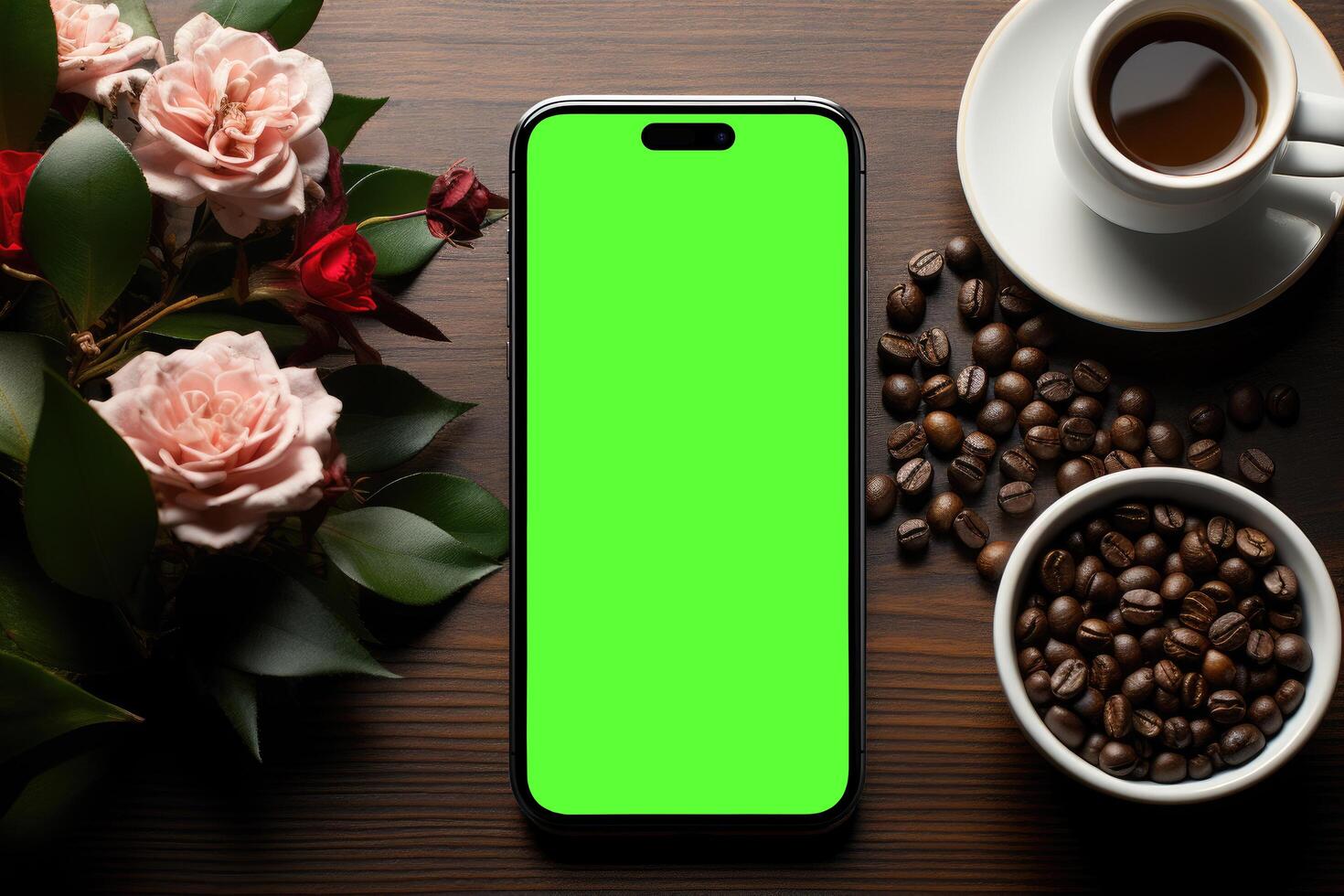 Green screen smartphone surrounded by roses and coffee on wooden surface, ideal for app visualizationBangkok City, Thailand, 2024 - photo