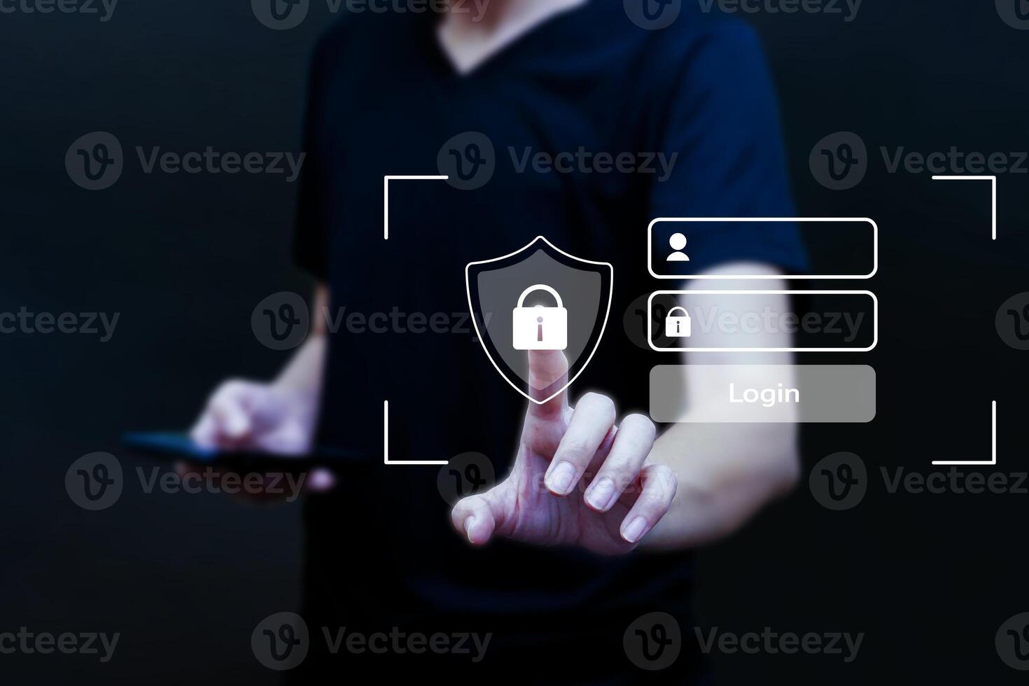 Businessman use finger touch virtual icon enter the password before accessing. Concept of technology, data security, data validation and future business. photo