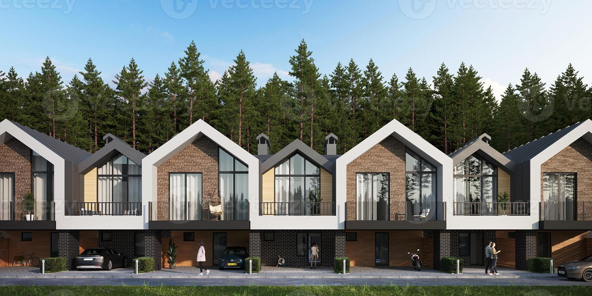 3d render of modern private townhouses in the city photo