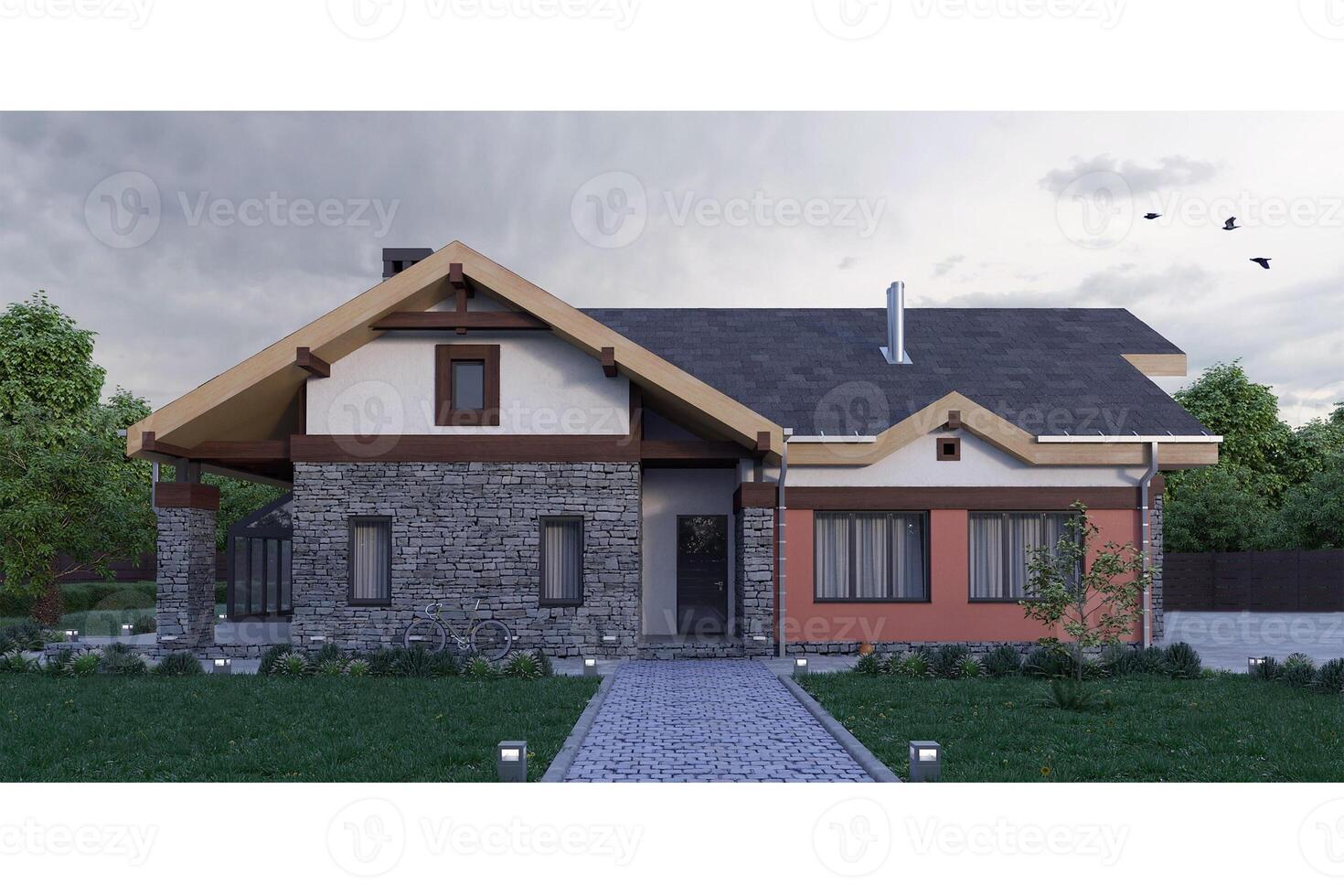 3d render of a modern private house stone texture facade with green lawn photo