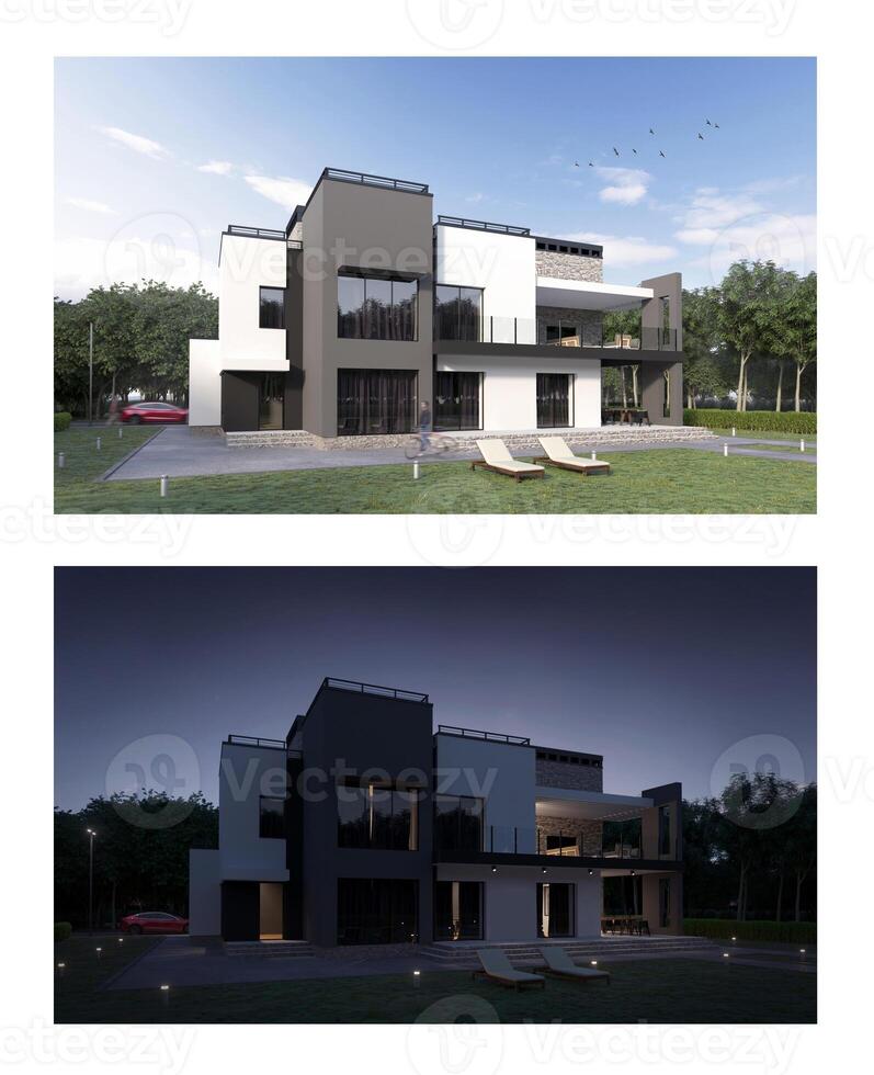 3d rendering of a modern private house, day transfers into night concept photo