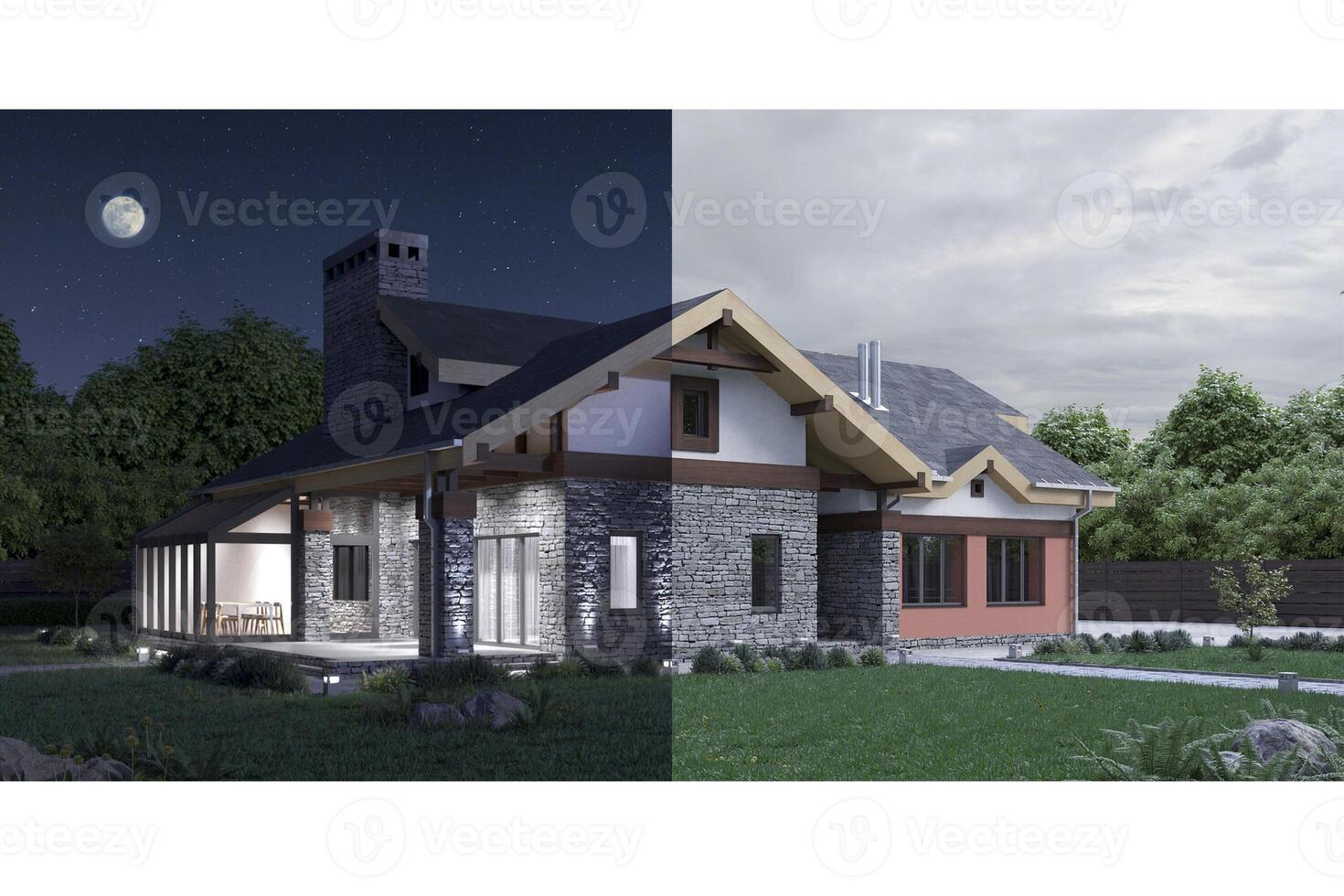 3d rendering of a modern private house, day transfers into night concept photo