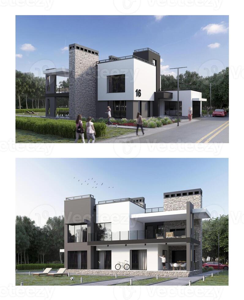 3d hacer de un moderno privado casa, fachada y espalda yarda ver con Dom tumbonas, auto, bicicleta, verde césped, personas y arboles terraza, fuego sitio y salón zona. foto