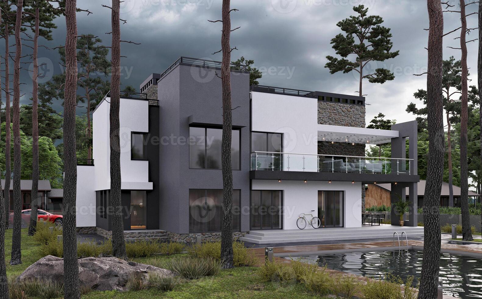 3d render of a modern private house in the woodland with a swimming pool photo