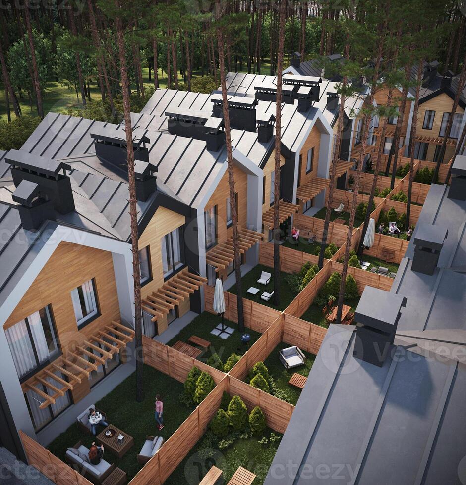 3d render of modern private townhouses in the wood, aerial view photo