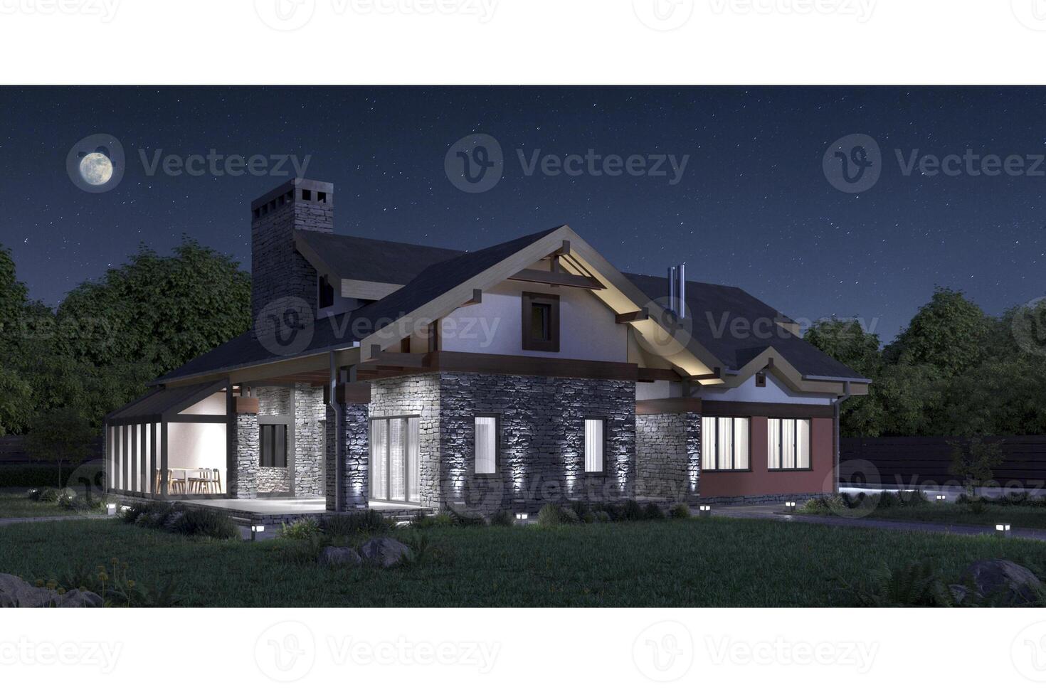 3d render of a modern private house stone texture facade, illuminated night view photo