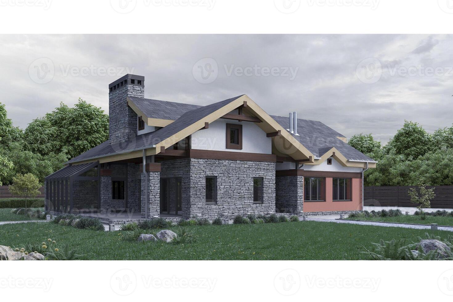 3d render of a modern private house stone texture facade with green lawn photo