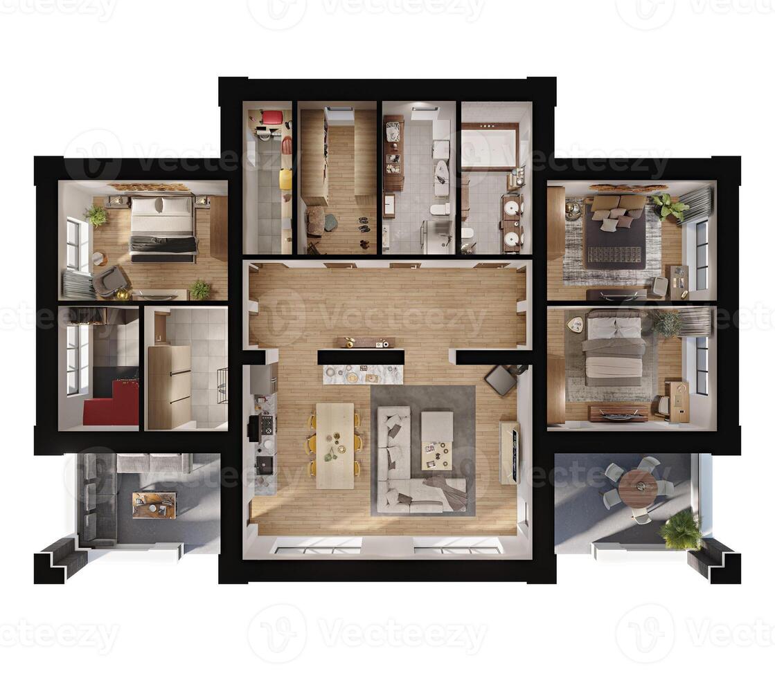 3d render plan and layout of a modern apartment private house with a terrace photo