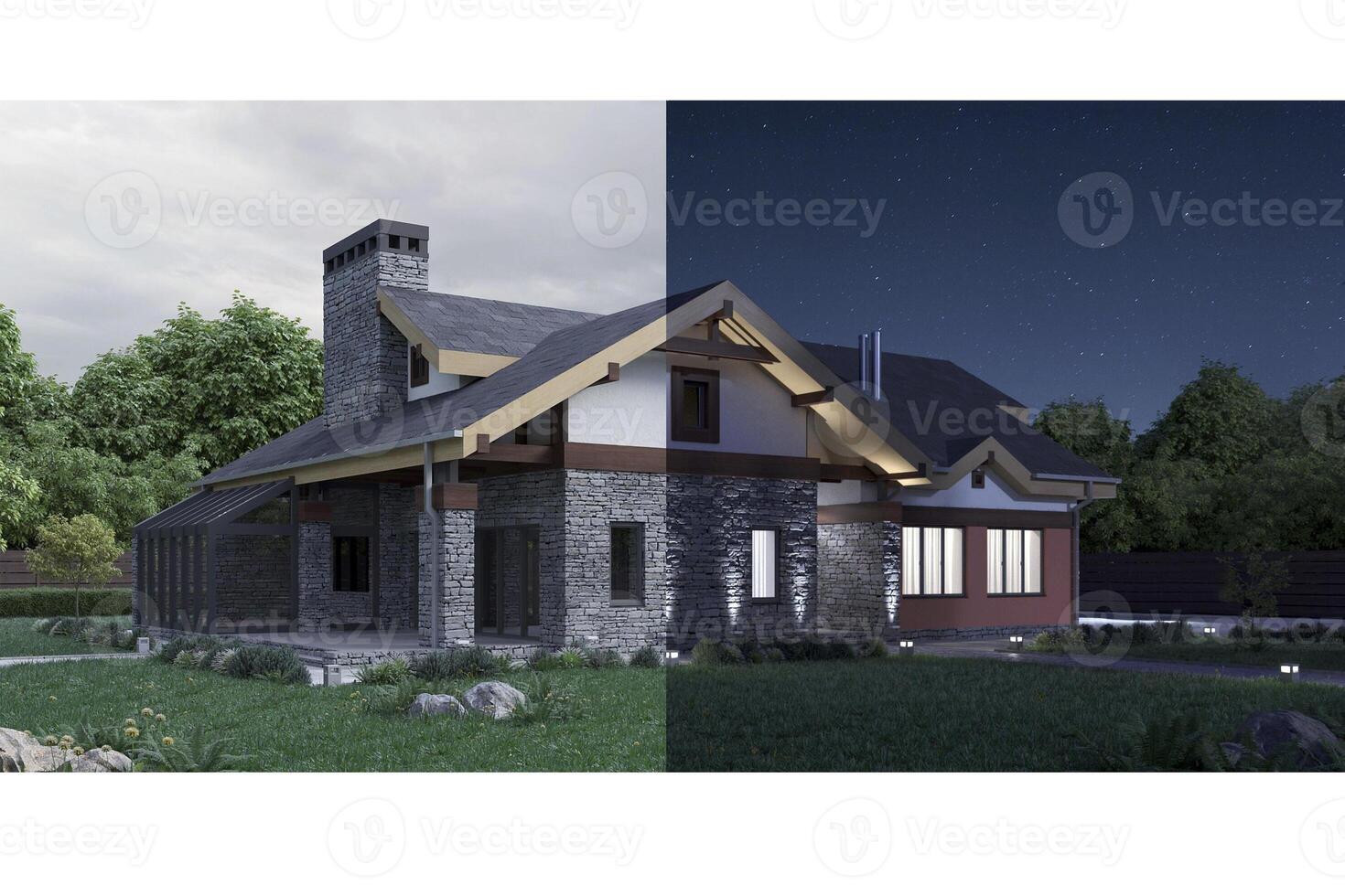 3d rendering of a modern private house, day transfers into night concept photo