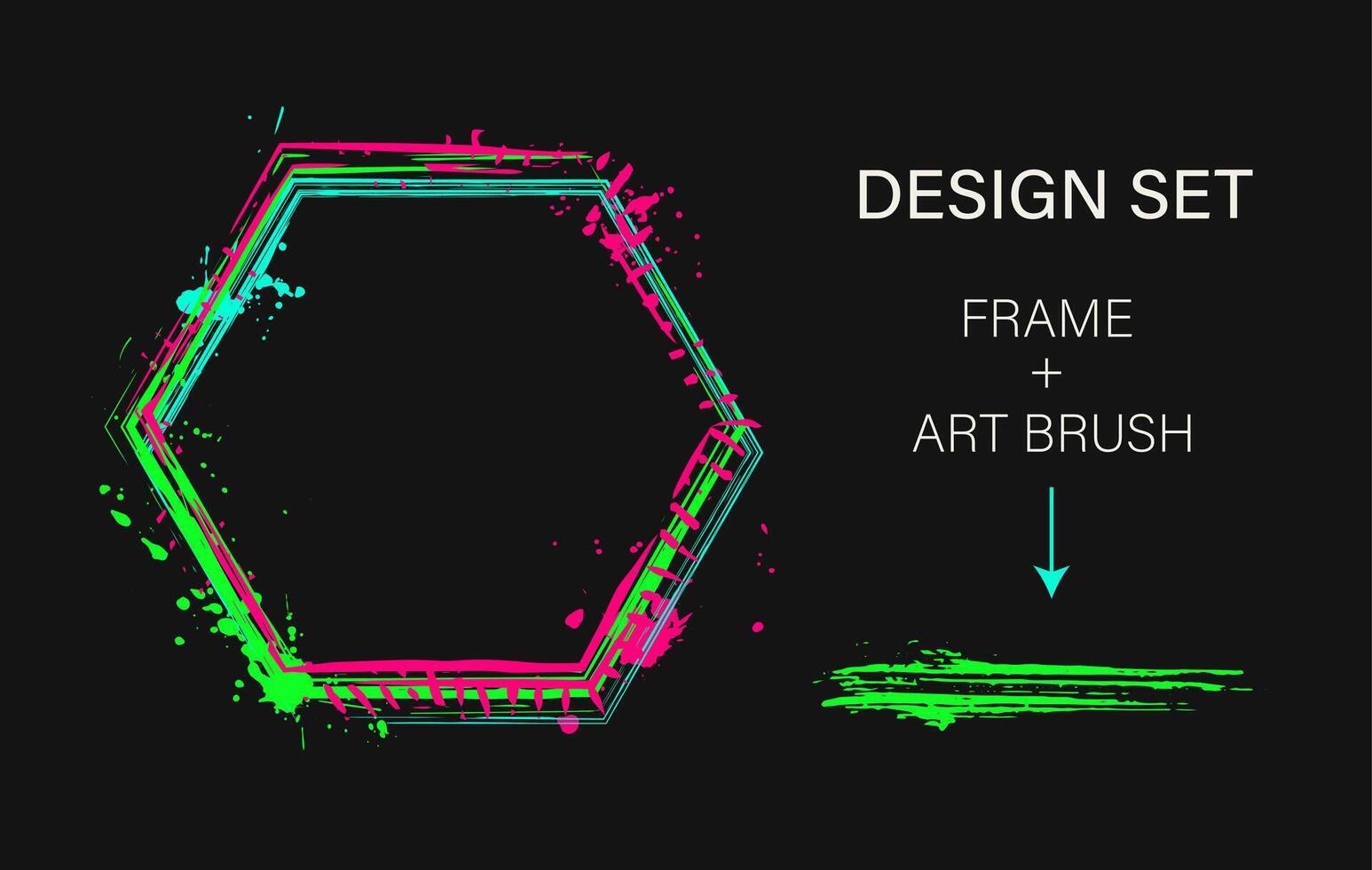 Set of design elements, hexagonal frame, grunge art brush. Geometric shape with copy space, paint brush strokes, spattered paint of neon bright colors. Virtual abstract clip art vector