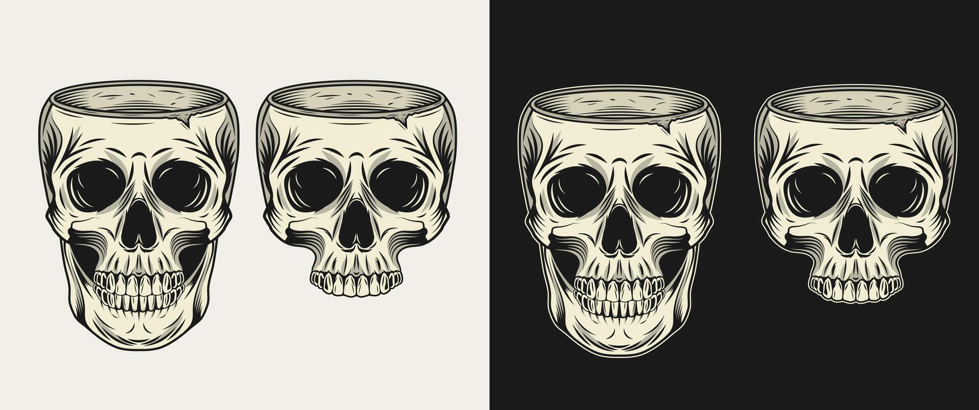 Human skull without top like cup, bowl, vase. Whole skull, half skull without jaw. Front view illustration in vintage style. vector