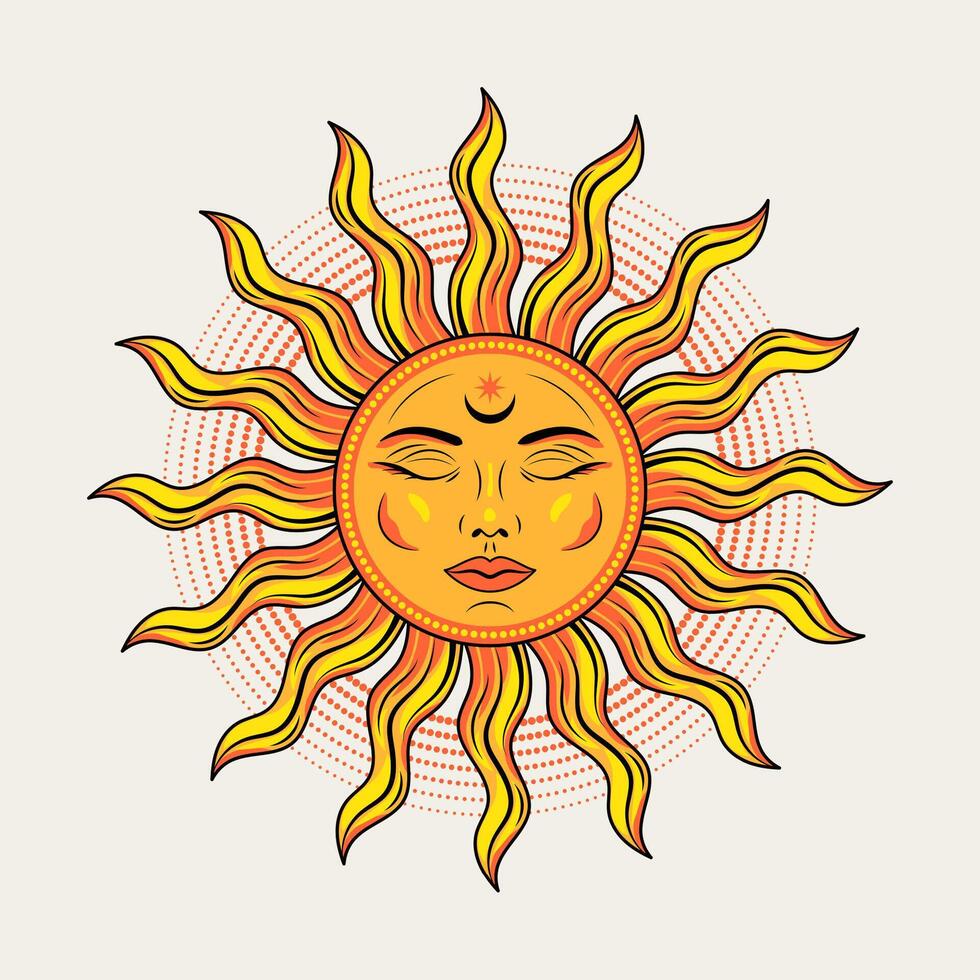 Sun with face, closed eyes. Illustration in vintage style on white background. Mythological fairytale character, alchemy and astrology symbol. Solar sign. vector