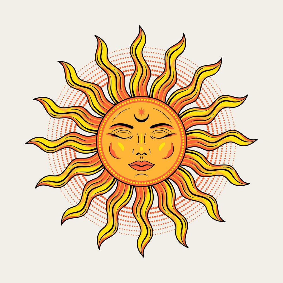 Sun with face, closed eyes. Illustration in vintage style on white background. Mythological fairytale character, alchemy and astrology symbol. Solar sign. vector