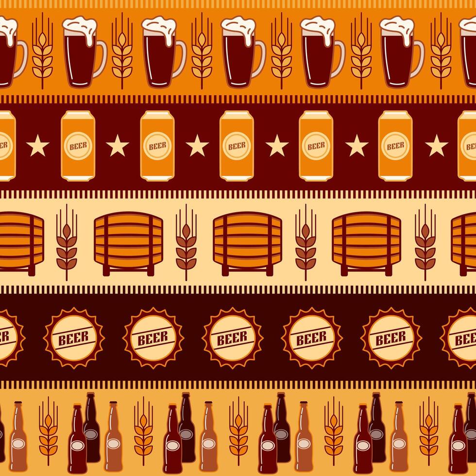 Seamless geometric pattern with icons of barrel, beer cans, glasses, bottle caps. Horizontal striped background. Good for branding, decoration of beer package, cover design, decorative print. vector