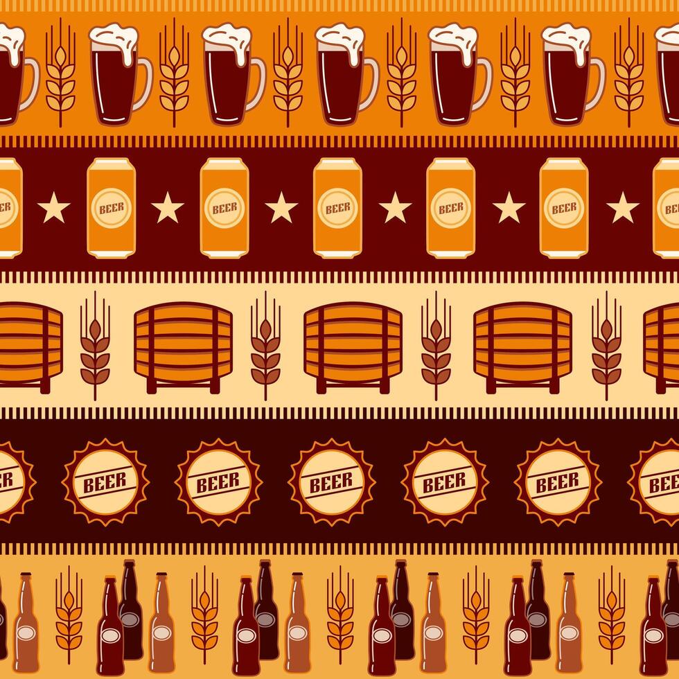 Seamless geometric pattern with icons of barrel, beer cans, glasses, bottle caps. Horizontal striped background. Good for branding, decoration of beer package, cover design, decorative print. vector